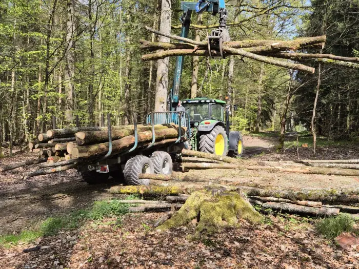 Traktor mit Kran-Rückewagen, beladen mit Stammholz